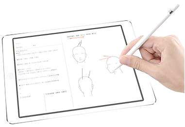 写真やカルテシートに手書きで文字の書き込みが可能